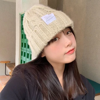Зимняя простая японская свободная шапка-пуловер грубой вязки, модные уличные теплые женские шапки-бини, хеджирующая шапка для горячих девушек