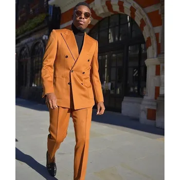 2023 Новый стиль, мужские костюмы с оранжевым отворотом, деловой Повседневный Официальный костюм Homme, Двубортный приталенный комплект из 2 предметов, куртка и Брюки