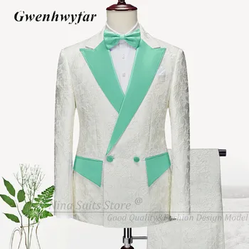 G & N, Мужские костюмы с мятным отворотом, Кремовый 2023, Итальянский дизайн, Жаккардовый материал, Двубортный Блейзер, брюки