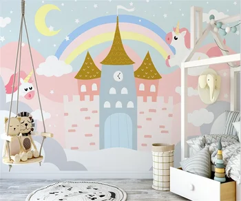 Мультяшные обои в скандинавском стиле, ручная роспись радужного единорога, розовый замок, фоновое украшение стены детской комнаты, 3D обои