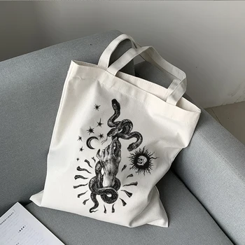 Холщовая сумка со змеиным принтом, череп, готическая повседневная большая вместительная темная сумка для покупок в стиле хип-хоп, винтажная женская сумка в стиле харадзюку ins heart