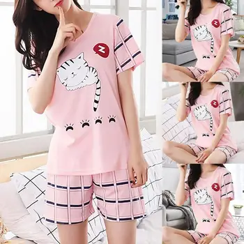 Стильный пижамный комплект с круглым вырезом, дышащая Летняя пижама с короткими рукавами в клетку с кошками