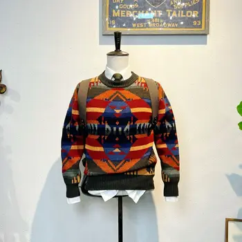 Портной Брандо, Девять цветов Жаккарда, 645 г австралийской шерсти, Геометрический свитер с тотемом в стиле навахо, Шерстяной свитер с круглым вырезом.