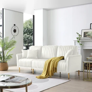 Современный Кремовый 3-местный диван с бархатной обивкой, глубоким швеллером и золотистыми металлическими ножками для мебели для гостиной
