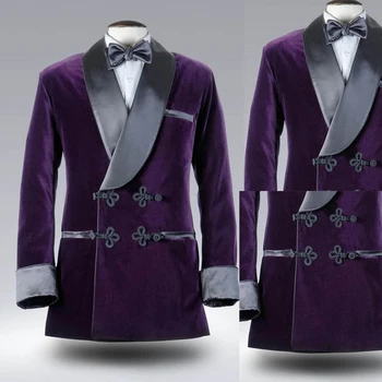 Костюмы бархатные мужские учетом цельный фиолетовый пиджак черный атласный китайский узел чисто лацкан смокинг жениха свадебный учетом размера плюс