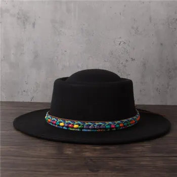 100% Шерстяная Женская Мужская фетровая шляпа для папы, черная шляпа для пирога со свининой, джентльменский котелок с плоским верхом, джазовая шляпа