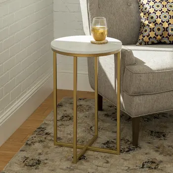 Простой круглый приставной столик с золотым кронштейном, мраморная поверхность для оформления гостиной в скандинавском стиле, журнальный столик для отдыха 40x40x60 см