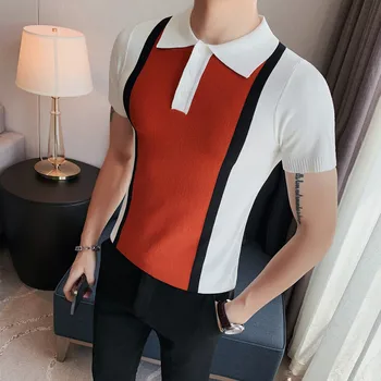 Мужская одежда 2023, Летняя мужская контрастная футболка в полоску с коротким рукавом, мужская трикотажная футболка в британском стиле с тонким отворотом для отдыха