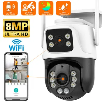 WIFI IP-Камера 4K 8MP Двухобъективная Камера Видеонаблюдения Безопасности 4MP HD PTZ-Камера С Двойным Экраном На Открытом Воздухе AI Автоматическое Отслеживание Наблюдения iCSee