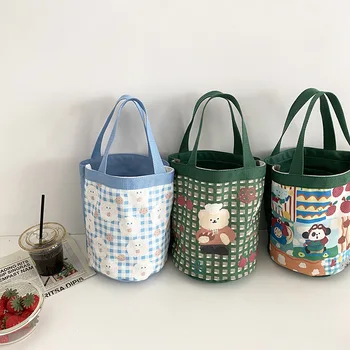 Хлопчатобумажная холщовая женская маленькая сумочка Kawaii Girls Cute Bucket Bag Ланч Бокс Сумка для пикника Контейнер для ужина Сумки для хранения продуктов для леди