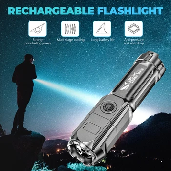Фонарик с сильным светом T6 LED USB, перезаряжаемый тактический фонарь, Водонепроницаемый прожектор, встроенный аккумулятор емкостью 1200 мАч для кемпинга, охоты