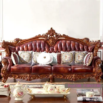 Комбинированный диван из массива дерева с резьбой и кожи в европейском стиле для гостиной 124 комбинированный диван для гостиной на вилле