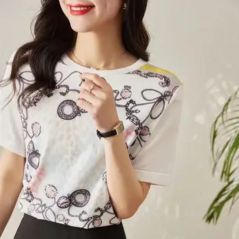 Женская трикотажная футболка с коротким рукавом, Тонкий Свободный Летний Новый шифоновый топ с принтом