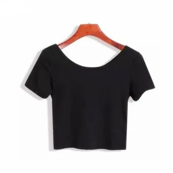 2023 Женская хлопчатобумажная футболка, женский однотонный укороченный топ с U-образным вырезом, короткий рукав, Тонкие топы Sport Blanc Femme