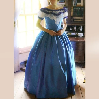 Косплей Юной Виктории 1860-е Викторианское голубое платье Гражданская война Southern Belle Бальное платье Вечернее платье Винтажное платье с открытыми плечами