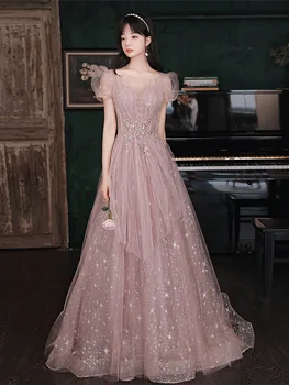 Элегантное розовое длинное вечернее платье из тюля трапециевидной формы, сказочное вечернее платье для выпускного вечера с изысканными блестками, праздничное платье Vestidos De Fiesta