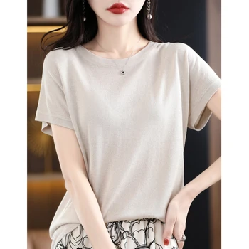 Хлопковая трикотажная женская футболка с круглым вырезом и короткими рукавами, модный свободный тонкий топ