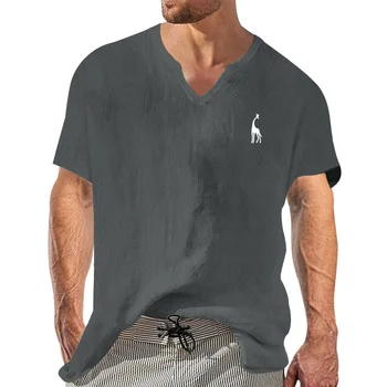 Летняя мужская льняная футболка, уличная футболка, мужская модная мужская одежда с коротким рукавом и V-образным вырезом, оверсайз