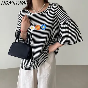 Nomikuma, шикарный топ Y2k в полоску с цветочной вышивкой, Летняя футболка с заниженными рукавами и графическим рисунком, повседневные пуловеры с круглым вырезом, рубашки для женщин