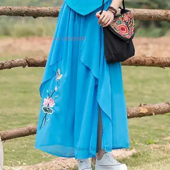 2023 китайские винтажные брюки с национальной цветочной вышивкой в этническом стиле харадзюку, широкие брюки, женские повседневные шифоновые свободные шаровары