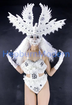 костюм богини Старшей роскоши таинственная девушка Белое перо костюмы ангела Хэллоуин вечеринка косплей Светодиодный Светящийся танцевальный костюм