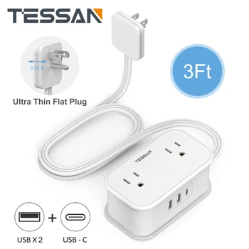 Удлинитель TESSAN с плоской вилкой длиной 3 фута с 4 розетками переменного тока и 3 USB (1 USB C), Портативная Розетка 7 в 1 для дома, путешествий