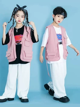 Детский костюм в стиле хип-хоп, Розовый жилет, Топы с короткими рукавами для девочек, Свободные брюки, Одежда для уличных танцев для мальчиков, одежда для сцены BL10588