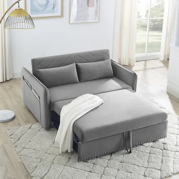 диван-кровать 3 в 1, регулируемое спальное место с выдвижной кроватью, 2 поясничными подушками и боковым карманом, мягкий бархатный раскладной sl