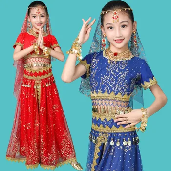 Костюмы для танца живота для девочек, новый дизайн, детские платья для восточных танцев, Индия, Болливуд, Профессиональная одежда для танцев, 4 цвета