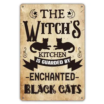 Забавная цитата из кухни ведьмы, Металлическая жестяная вывеска, декор стен, ретро Кухню ведьмы охраняют заколдованные черные кошки, вывеска для дома