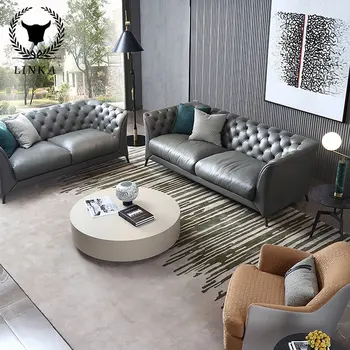 Итальянский легкий роскошный кожаный диван из массива дерева для гостиной, современный простой диван из воловьей кожи первого слоя, высококачественная мебель