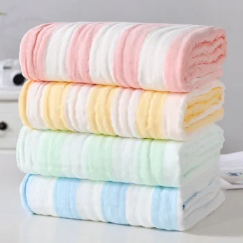 Хлопковое детское одеяло, пеленание новорожденных, Детское банное полотенце, Окрашенные пряжей подгузники в цветную полоску, 6-слойное марлевое мягкое одеяло