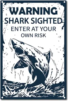 Ретро Винтажный Жестяной предупреждающий знак, замечена акула, Входите на свой страх и риск, Декор металлических стен, Художественная роспись для домашнего сада
