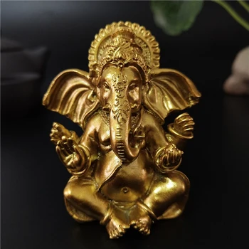 Золотая статуя Будды Ганеши Скульптуры Индийского Бога-слона Статуэтки Ганеши из смолы Украшения для домашнего сада Статуи Будды