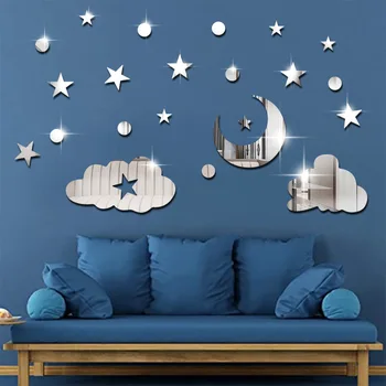 Звезда Луна Облако Зеркало 3D Декоративная Наклейка На стену Спальни Самоклеящаяся Стена комнаты