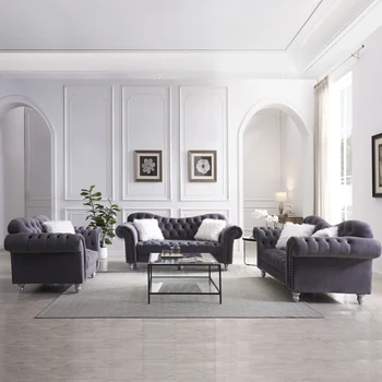 Комплект диванов для гостиной из 3 предметов, включая 3-местный диван, диванчик и кресло-диван, с пуговицей и медным гвоздем на подлокотниках и спинке