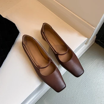 Osunlina / Туфли-лодочки INS, Модные туфли на толстом низком каблуке с квадратным носком, без шнуровки, женская обувь в стиле ретро из натуральной кожи ручной работы, Новинка весны 2023 года