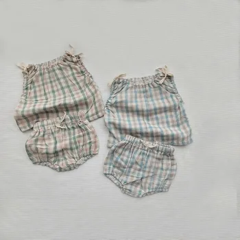 Летний клетчатый жилет с завязками для маленьких девочек, топ, шорты на веревке, комплект из двух предметов, детский костюм