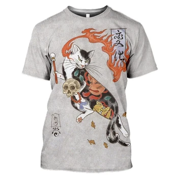 2023 Футболка с татуировкой кота Японского самурая с 3D-принтом, мужская рубашка, летняя забавная повседневная свободная футболка с круглым вырезом, одежда с коротким рукавом