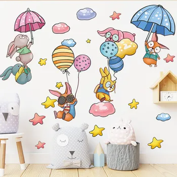 Зонтик с кроликом и облаком, игровая спальня, гостиная, крыльцо, дерево, наклейки на стену для гостиной, Вдохновляющие наклейки на стены для офиса