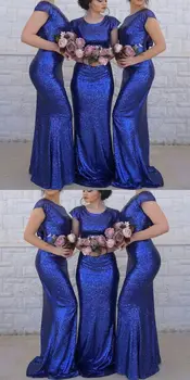 Королевское синее платье подружки невесты в виде русалки, с круглым вырезом, длиной до пола, расшитое блестками, вечерние свадебные платья