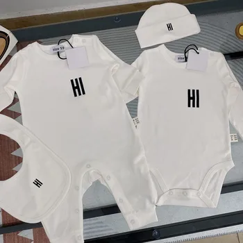 Одежда для новорожденных Мальчиков и девочек Белый комплект для новорожденных со слюнявчиком и шляпой, Детская одежда, боди