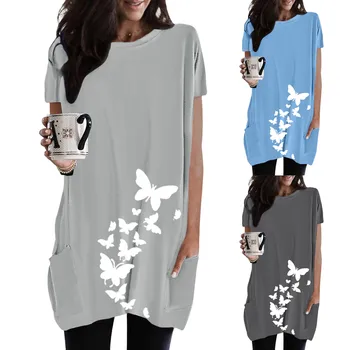 Женская повседневная футболка с круглым вырезом и однотонным карманом и принтом бабочки, топ, Длинное повседневное платье для женщин