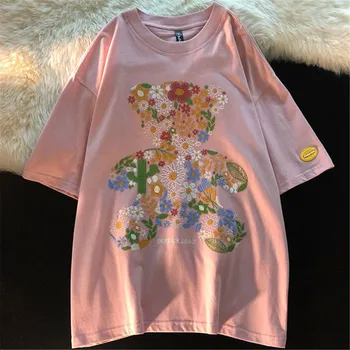 Белая хлопковая футболка с вышивкой медведя для девочек, Япония, подростковые топы, Летние крутые футболки, женская футболка с аниме в стиле харадзюку Оверсайз