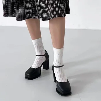 Весенние женские туфли на каблуке 2023 Года с Кожаным верхом, Модные Женские тонкие туфли на толстом каблуке с Квадратным носком Marilyn Shoes