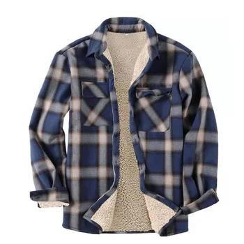 Повседневная домашняя одежда Зимние рубашки в плотную клетку для мужчин, рубашка с длинным рукавом на шерп подкладке, флисовая куртка