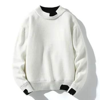 2023 Осенне-зимние Мужские Модные свитера, Однотонный Круглый вырез, искусственный воротник из двух частей, Вязаный Мужской пуловер, свитер Harajuku