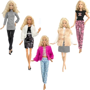 5 шт. / компл., Модная одежда для кукол, современный наряд для вечеринки, пальто, топ, мини-платье, юбка, повседневная одежда, аксессуары для куклы Барби