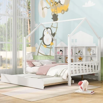 Деревянная полноразмерная кровать для дома с багажником, детская кровать с полкой, белый