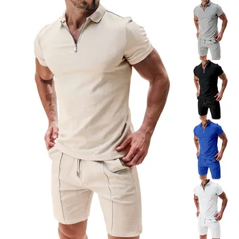 Мужские шорты с коротким рукавом, повседневный комплект, летняя вафельная однотонная свободная футболка-поло